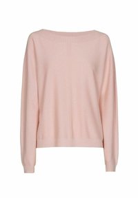 Pull léger rose avec une coupe décontractée, un col large, des poignets et un ourlet côtelés. Tissu doux avec une texture lisse et un détail de couture centrale.
