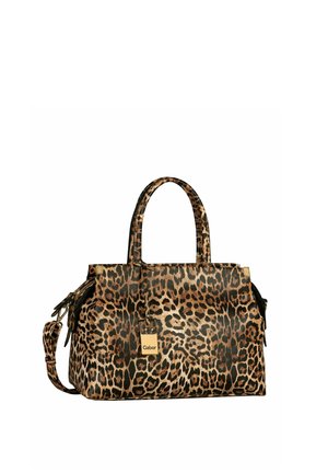 Stor håndtaske med leopardprint, to håndtag, en aftagelig skulderrem og en lille mærkat med teksten Gabor.