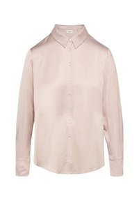 Camicia button-up in satin rosa chiaro con colletto classico, maniche lunghe e orlo dritto. Presenta bottoni metallici lungo la parte anteriore.