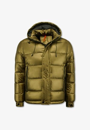 Olijfgroene donzen jas met afneembare capuchon, ritssluiting aan de voorkant, elastische trekkoorden en doorgestikt ontwerp. Voorzien van twee zijzakken.