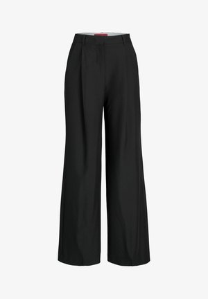 Black wide-leg trousers with a tailored design, featuring pleats and a smooth fabric texture. Clean lines and no visible hardware or accents.