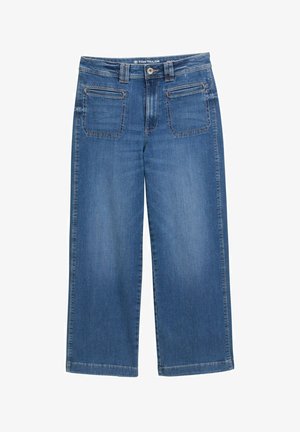 Jeans en denim bleu à jambes larges avec un lavage moyen, dotés de poches avant et arrière et d'un ourlet droit. Fabriqués en coton avec un léger stretch.
