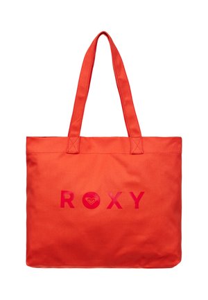 Heldere oranje draagtas met twee schouderbanden en de merknaam "ROXY" in dikke rode letters op de voorkant gedrukt.