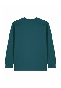 T-shirt à manches longues en coton couleur sarcelle avec col rond, ourlet droit et poignets ajustés. Aucun motif ni graphique visible à l'arrière.