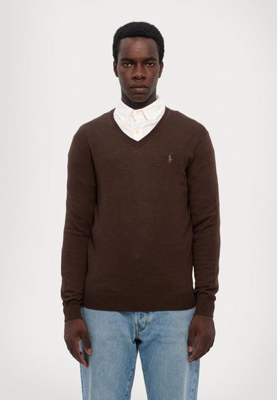 Polo Ralph Lauren SLIM FIT WASHABLE WOOL V-NECK JUMPER - Džemperis - cacao brown heather