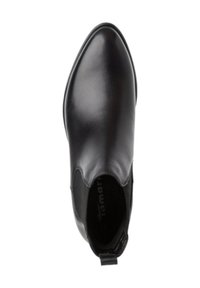 Bottines en cuir noir avec une forme élégante, texture lisse, panneaux latéraux élastiques et une languette pour un enfilage facile. Semelle en caoutchouc pour une meilleure traction.