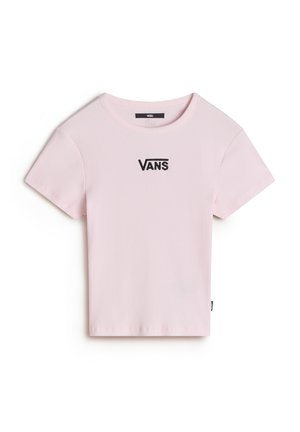 Rosa geripptes T-Shirt mit kurzen Ärmeln und einem schwarzen "VANS"-Logo in der Mitte. Weicher Stoff mit rundem Ausschnitt und lässiger Passform.