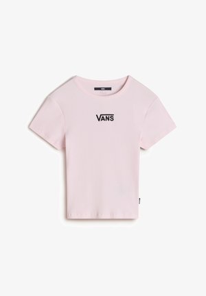 Rosa geripptes T-Shirt mit kurzen Ärmeln und einem schwarzen "VANS"-Logo in der Mitte. Weicher Stoff mit rundem Ausschnitt und lässiger Passform.