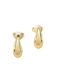 Boucles d'oreilles en or avec une finition lisse et polie, présentant une forme en goutte d'eau et un support circulaire avec des bords festonnés.