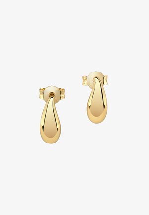 Gouden druppeloorbellen met een gepolijste, gladde afwerking, voorzien van een druppelvorm en een ronde achterkant met gegolfde randen.