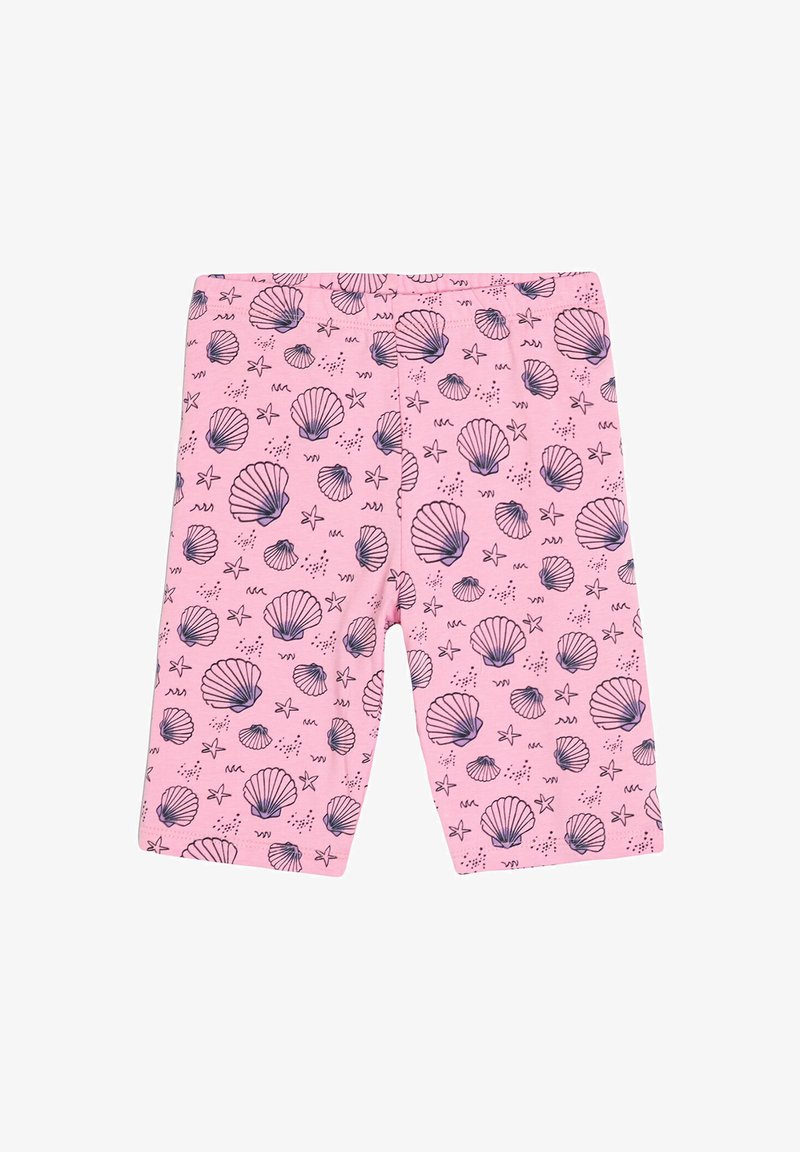 Rosa Fahrradhosen mit einem Schalenmuster in Dunkelblau, mit glatter Textur und elastischem Bund für Komfort.