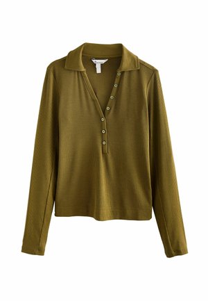 Pitkähihainen, oliivinvihreä, ribattu paita, jossa on kaulus ja viiden napin lista. Pehmeä texture, rento malli ja suora helma.