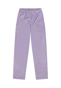 Pantalones de terciopelo lila con cintura elástica, piernas rectas, textura suave y sin bolsillos. Acabado liso y color uniforme en toda la prenda.