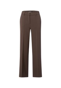 Braune maßgeschneiderte Hose mit geradem Schnitt, ausgestattet mit vorderen Falten, Seitentaschen und einer glatten Stoffstruktur. Keine sichtbaren Verzierungen.