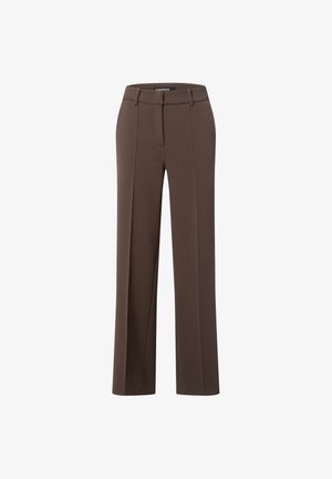 Braune maßgeschneiderte Hose mit geradem Schnitt, ausgestattet mit vorderen Falten, Seitentaschen und einer glatten Stoffstruktur. Keine sichtbaren Verzierungen.