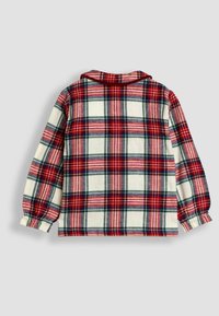 Karierter Flanellhemd in Rot, Grün und Creme, mit langen Ärmeln und einem ausgeschnittenen Kragen. Weicher Stoff mit elastischen Bündchen.