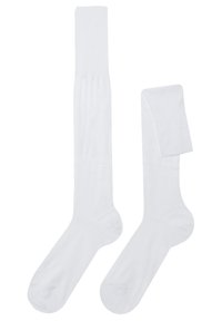 White knee-high socks made of soft fabric with a smooth texture. One sock is fully straight, while the other has a folded top.
