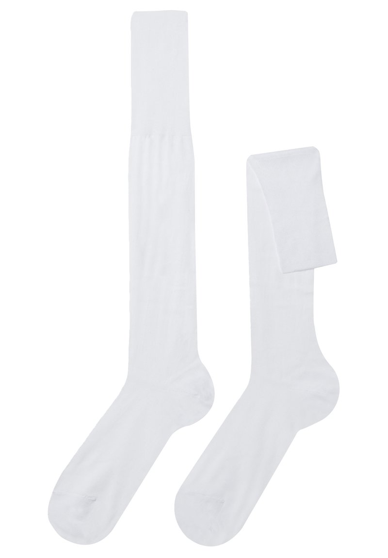 White knee-high socks made of soft fabric with a smooth texture. One sock is fully straight, while the other has a folded top.