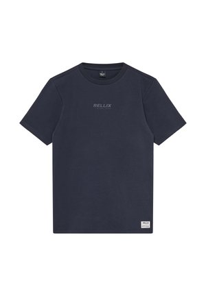 Navyblauw T-shirt met korte mouwen, gemaakt van zachte katoen, met een ronde hals en een bedrukt "RELLIX"-logo op de borst. Label aan de zoom.