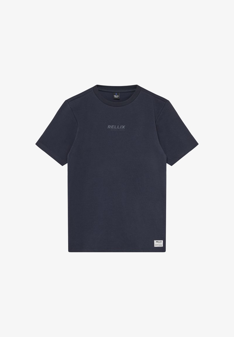 Navyblauw T-shirt met korte mouwen, gemaakt van zachte katoen, met een ronde hals en een bedrukt "RELLIX"-logo op de borst. Label aan de zoom.