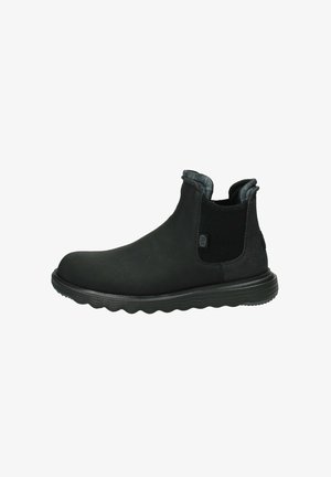 Schwarze Stiefeletten mit elastischen Seiteneinsätzen, glattem Synthetikobermaterial, strukturiertem Stoffkragen und einer geriffelten Gummisohle.