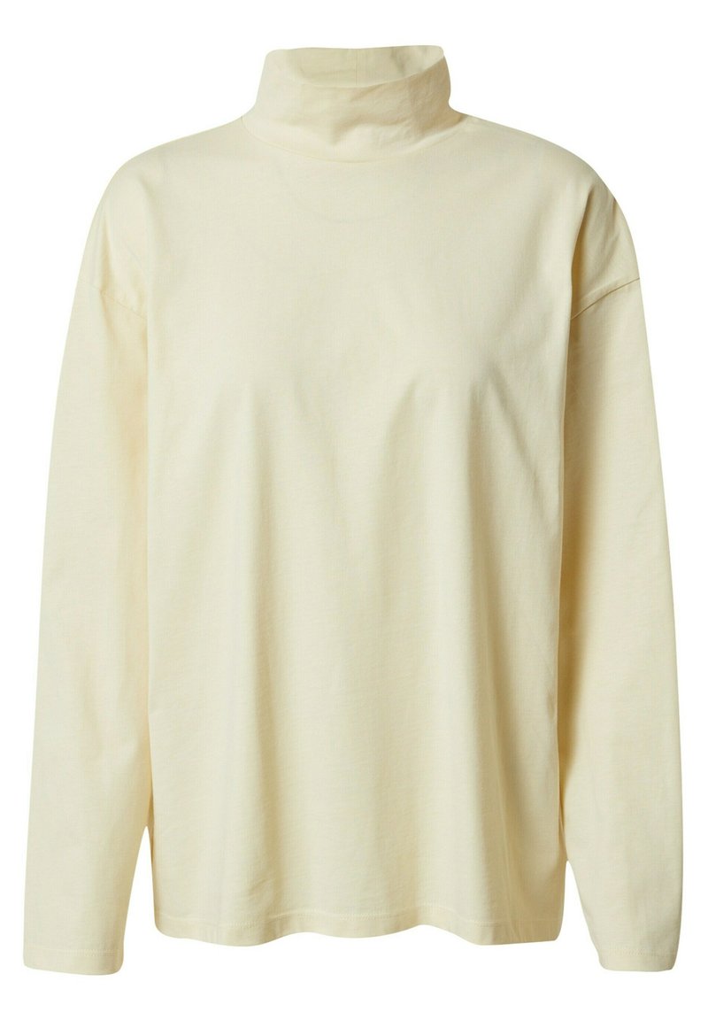 Cremfarbener Langarm-Turtleneck aus weichem Stoff. Verfügt über eine lockere Passform, einen hohen Kragen und ein minimalistisches Design ohne Muster.
