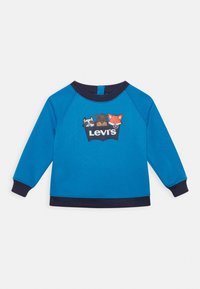 Sudadera azul con puños y cuello en navy, que presenta un gráfico de tres animales y el logo de "Levi's" en la parte frontal. Material de mezcla de algodón.