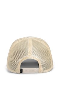 Beige mesh baseball cap with a rounded structure, featuring a curved brim and adjustable snapback closure. Textured surface and minimal accents.