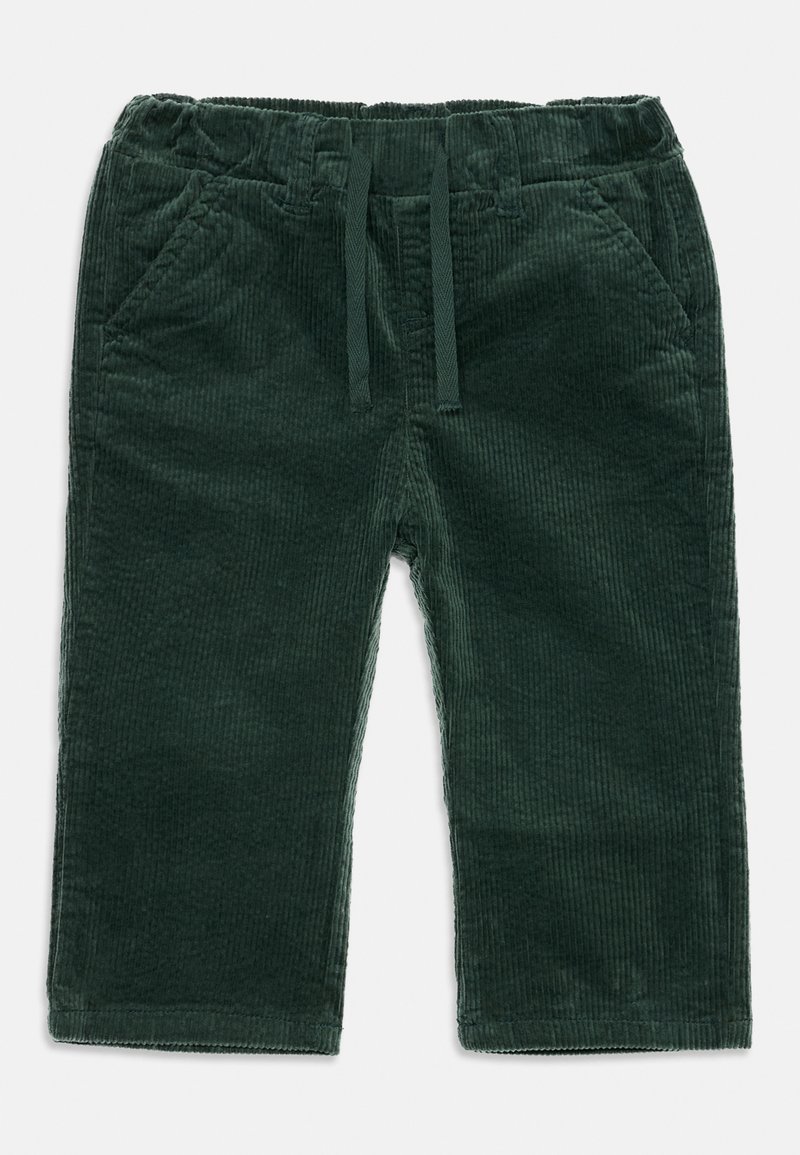 Pantaloni in velluto a coste di colore verde scuro, con una vita elasticizzata e cordoncino, due tasche frontali e una trama a righe.