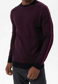 Pull bordeaux foncé avec un col rond et des poignets côtelés. Présente une texture en tricot plat et des détails rayés contrastants le long des manches.