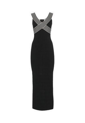 Abito lungo nero senza maniche con silhouette aderente e spalline incrociate a righe bianche sul petto e sulle spalle.