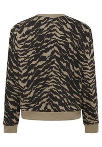 Mikina s tygřím pruhováním v černé a béžové barvě. Dlouhé rukávy, kulatý výstřih a žebrovaný lem a manžety pro těsné přilnutí.