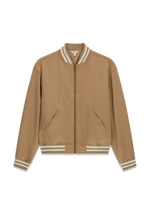Jasnobrązowa kurtka typu bomber z zamkiem błyskawicznym, ukośnymi kieszeniami bocznymi oraz ściągaczami i kołnierzem w paski. Gładka, teksturowana tkanina.