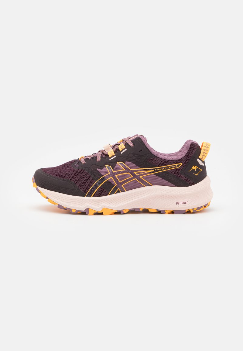 Purple and black trail running shoe with a mesh upper, yellow accents, textured sole, and cushion designed for comfort and traction.