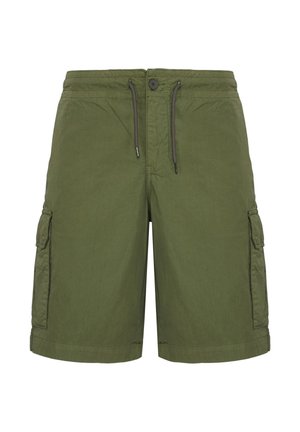 Shorts cargo verde oliva con chiusura a bottone e coulisse, dotati di tasche laterali con pattina e orli rifiniti.
