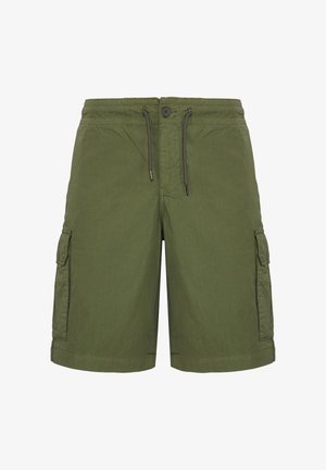 Olijfgroene cargoshorts met knoop- en trekkoordsluiting, voorzien van zijflappakken en omgezoomde pijpen.