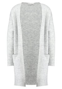 Ljusgrå cardigan i mjukt tyg, med en avslappnad design, öppen front, två framfickor och ribbade ärmar.