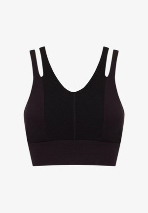 Črn športni nedrček z V-izrezom, širokimi naramnicami in teksturiranimi deli tkanine. Ima prilegajoč in brezšiven kroj.