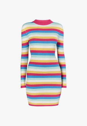 Varrastatud kudumkleit, millel on pikad varrukad, kõrge kaelus ning horisontaalsed triibud roosa, sinise, kollase ja valge värviga. Kehakujuline siluett.