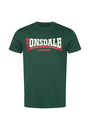 Zelené bavlnené tričko s výrazným bielym a červeným logom "Lonsdale London", klasického dizajnu s kulatým výstrihom a krátkymi rukávmi.