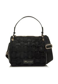 Borsa a tracolla in pelle scamosciata nera con chiusura a zip, manici arrotondati, tracolla regolabile e dettagli in metallo dorato.