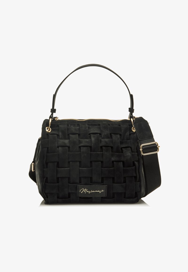 Borsa a tracolla in pelle scamosciata nera con chiusura a zip, manici arrotondati, tracolla regolabile e dettagli in metallo dorato.