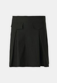 Zwarte rok met een recht gesneden model, voorplooien, achterzakken en een gladde textuur. De tailleband is gestructureerd voor een goede pasvorm.