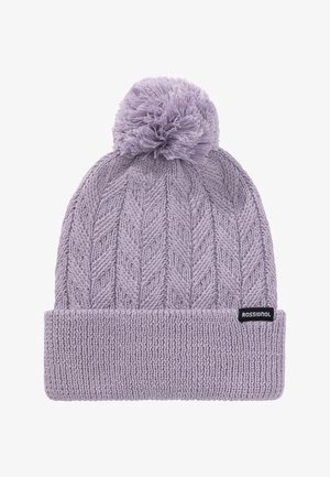 Dziany beanie w kolorze lawendowym z teksturowanym wzorem w zygzak, ściągaczem oraz puszystym pomponem na górze. Posiada małą czarną metkę z logo.