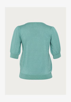 Türkiz rövidujjú pulóver sima, fényes felülettel, puffos vállakkal és kerek nyakkivágással. Puha tapintású az egész anyag.