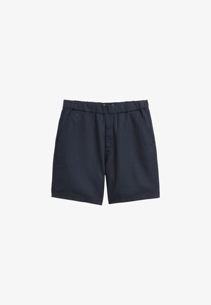 Navyblauwe shorts gemaakt van zachte stof, met een elastische tailleband, twee voorkruiken en een relaxte pasvorm met gestikte details.
