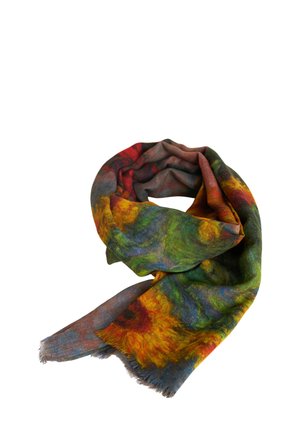 Colorful, lightweight scarf made of soft fabric, featuring a blend of red, green, yellow, and blue patterns with fringed edges.