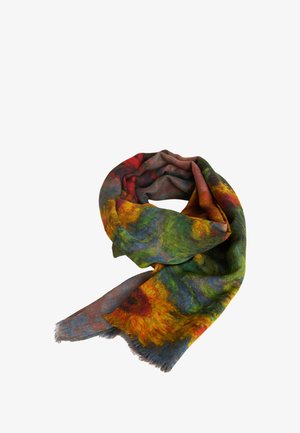 Bunter, leichter Schal aus weichem Stoff mit einer Mischung aus roten, grünen, gelben und blauen Mustern sowie fransigen Kanten.