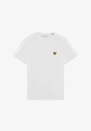 White short-sleeve crew neck T-shirt with small yellow and black bird logo on left chest, and branded text inside collar.