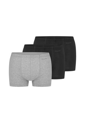 Tre mænds boxerbriefs i for-til-bag arrangement, et gråt par foran og to sorte par bagved, ensfarvet design med diskrete syninger.